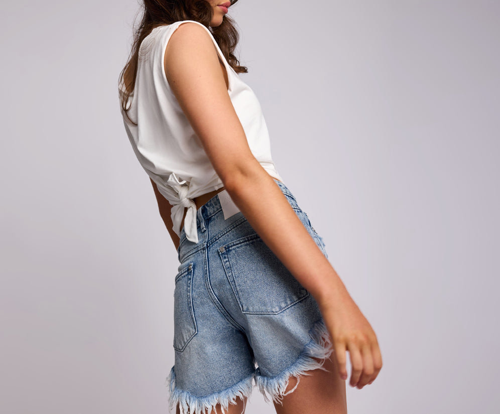 Outlaws Mid Waist Mid Length Denim Shorts - Salty Dog Blue
