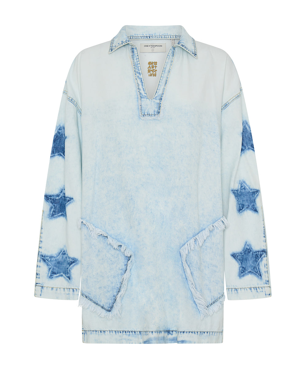 New Season Le Captain Star Pullover Denim Mini Shirt Dress - Depeche Blue
