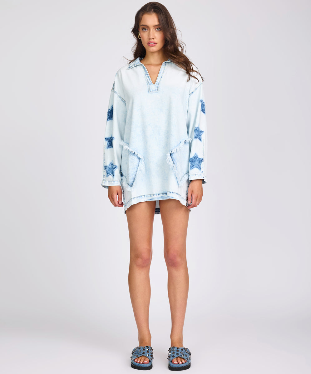 New Season Le Captain Star Pullover Denim Mini Shirt Dress - Depeche Blue