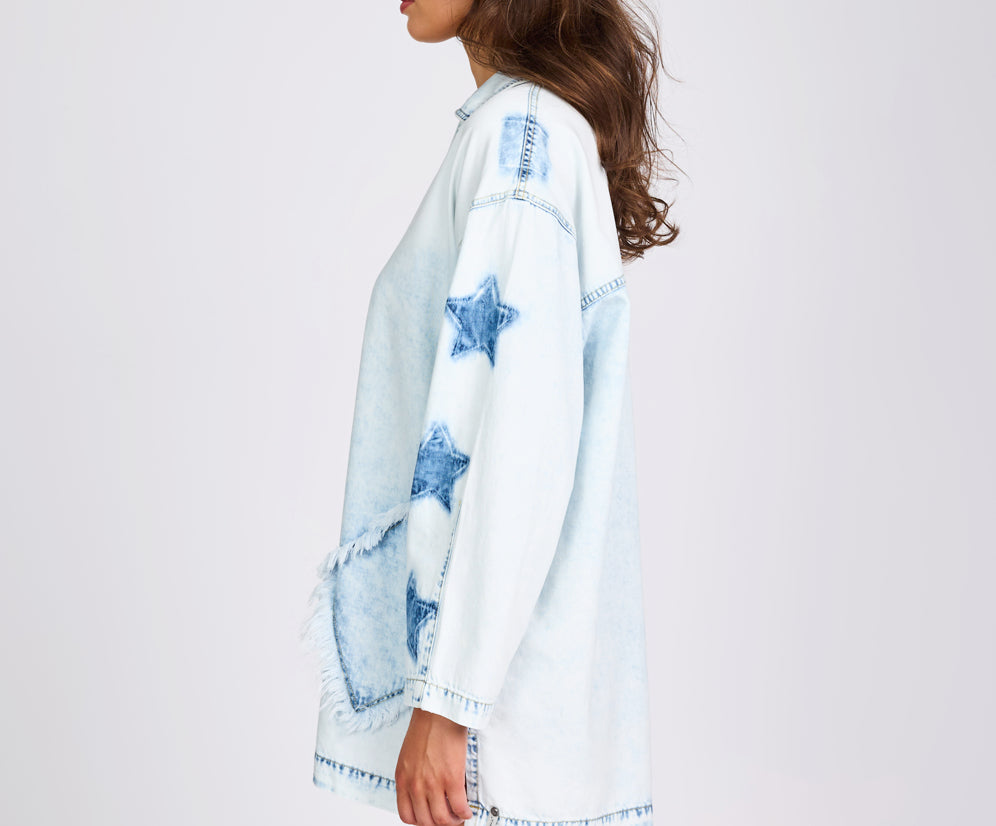 Le Captain Star Pullover Denim Mini Shirt Dress - Depeche Blue