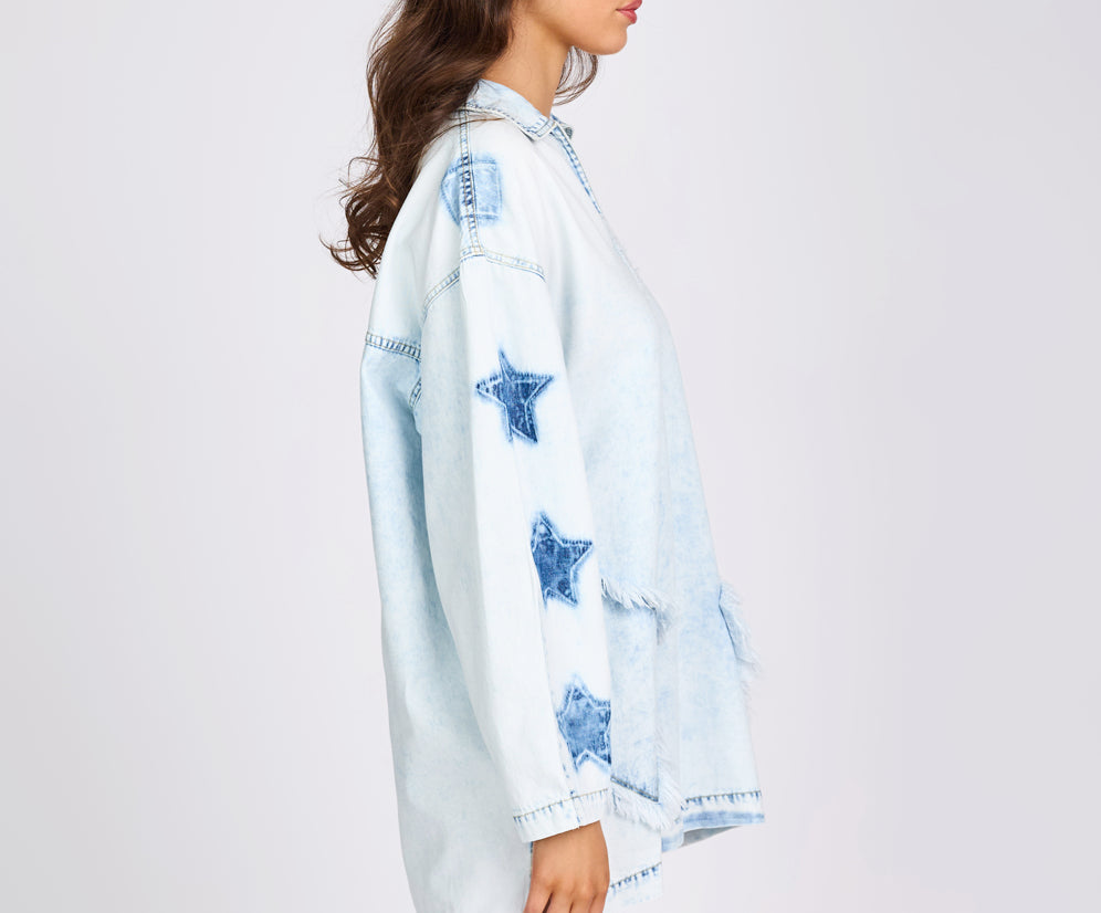 Le Captain Star Pullover Denim Mini Shirt Dress - Depeche Blue