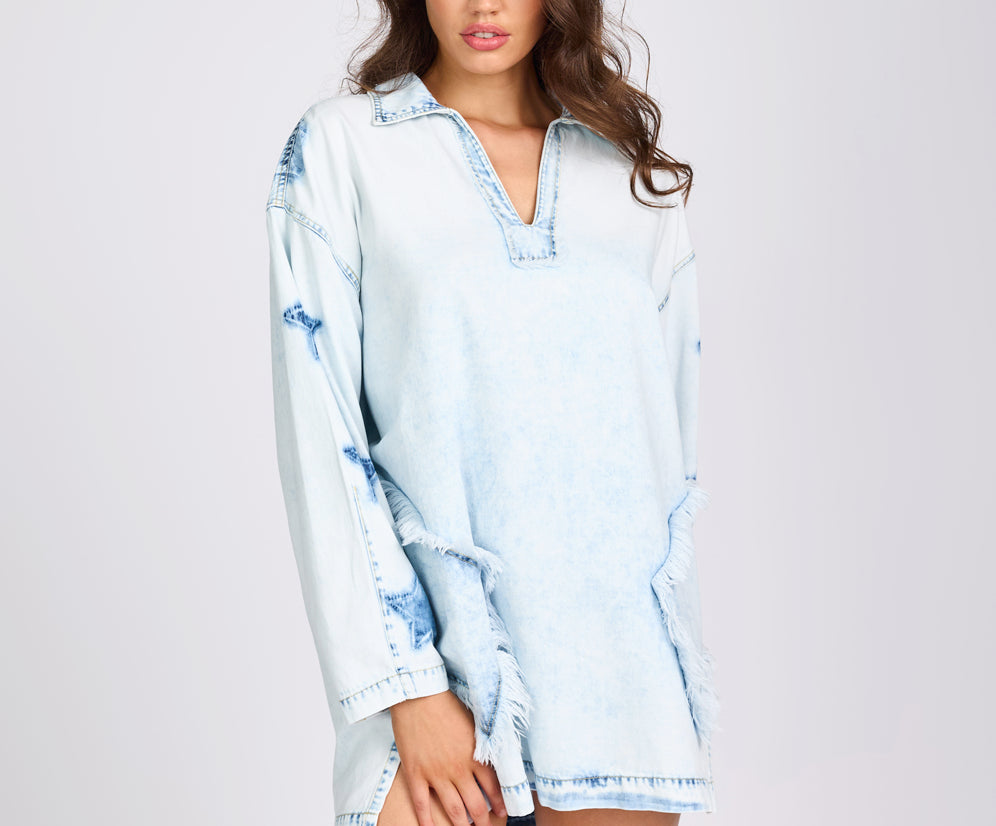 Le Captain Star Pullover Denim Mini Shirt Dress - Depeche Blue