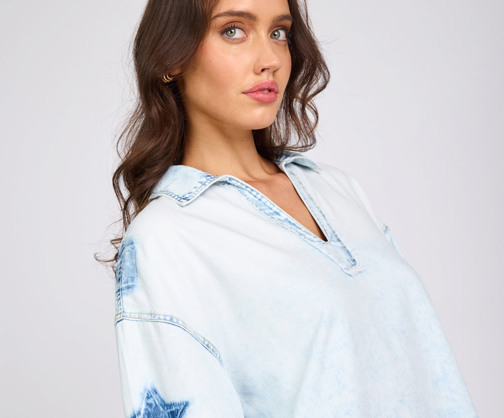 Le Captain Star Pullover Denim Mini Shirt Dress - Depeche Blue