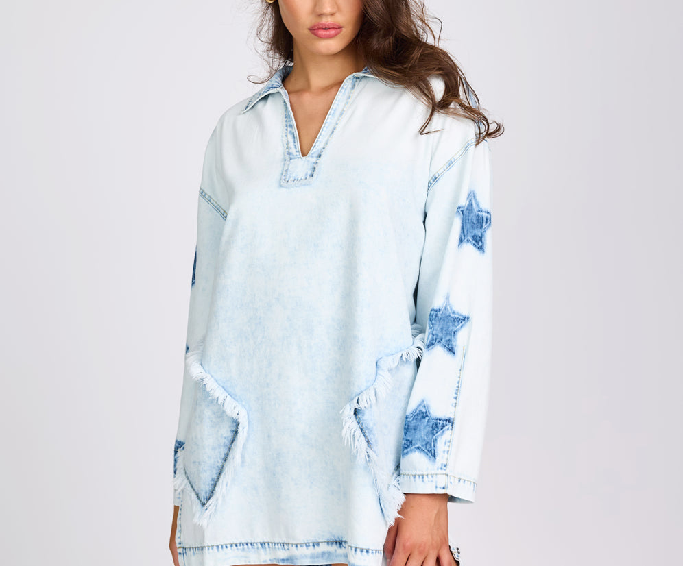 Le Captain Star Pullover Denim Mini Shirt Dress - Depeche Blue