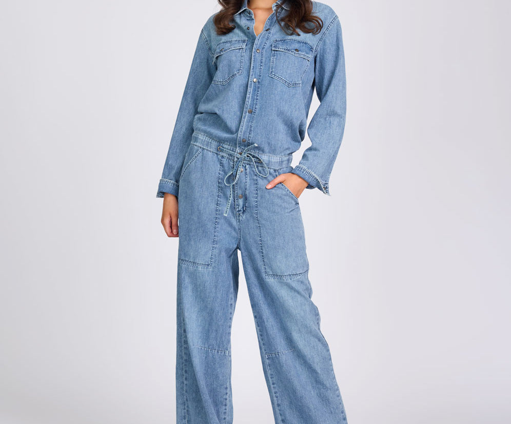 Izzy Drawstring Boiler Denim Jumpsuit - Salty Dog Blue