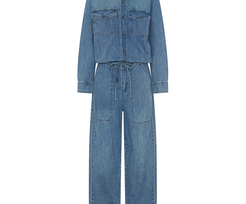 Izzy Drawstring Boiler Denim Jumpsuit - Salty Dog Blue