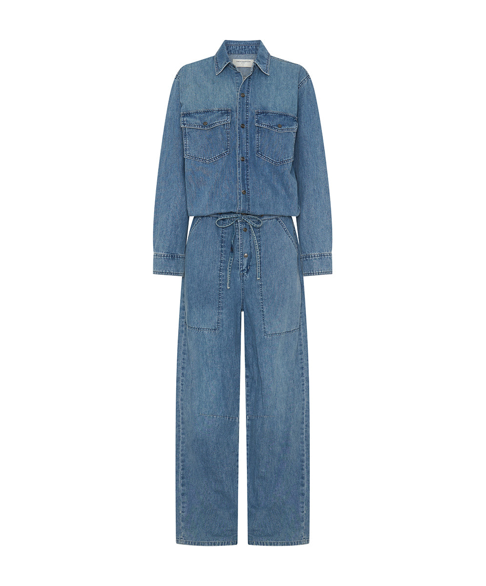 New Season Izzy Drawstring Boiler Denim Jumpsuit - Salty Dog Blue