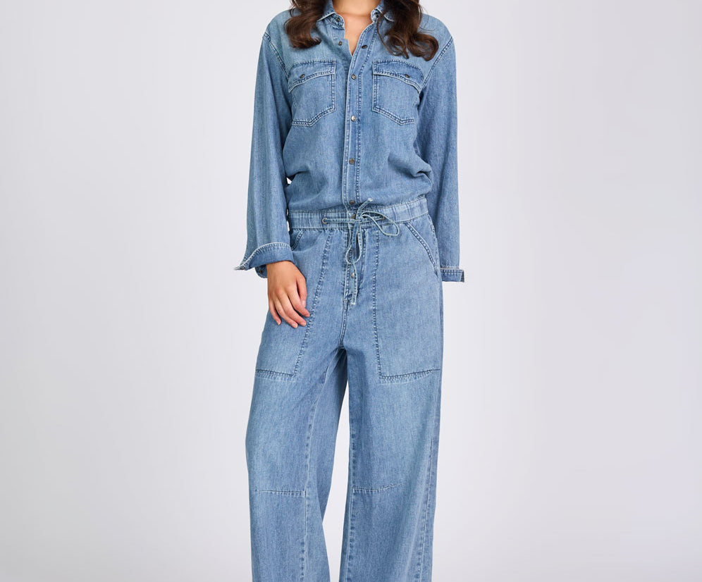 Izzy Drawstring Boiler Denim Jumpsuit - Salty Dog Blue