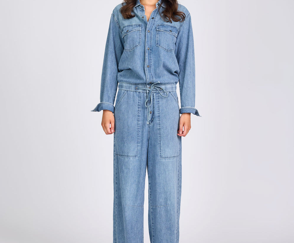Izzy Drawstring Boiler Denim Jumpsuit - Salty Dog Blue
