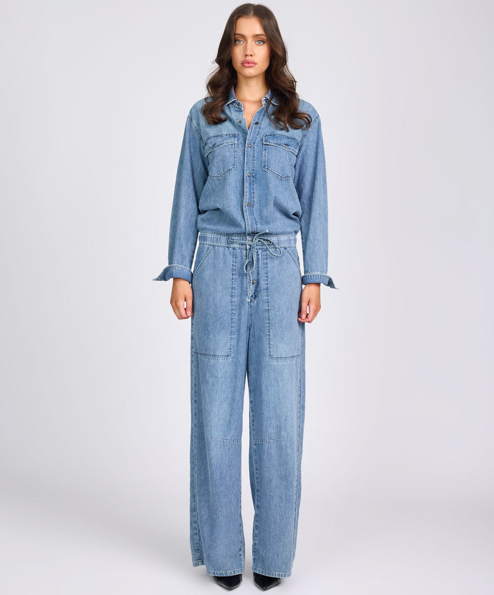 New Season Izzy Drawstring Boiler Denim Jumpsuit - Salty Dog Blue