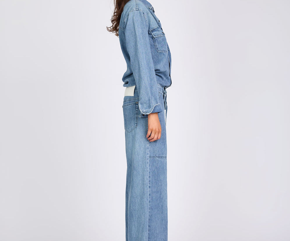 Izzy Drawstring Boiler Denim Jumpsuit - Salty Dog Blue