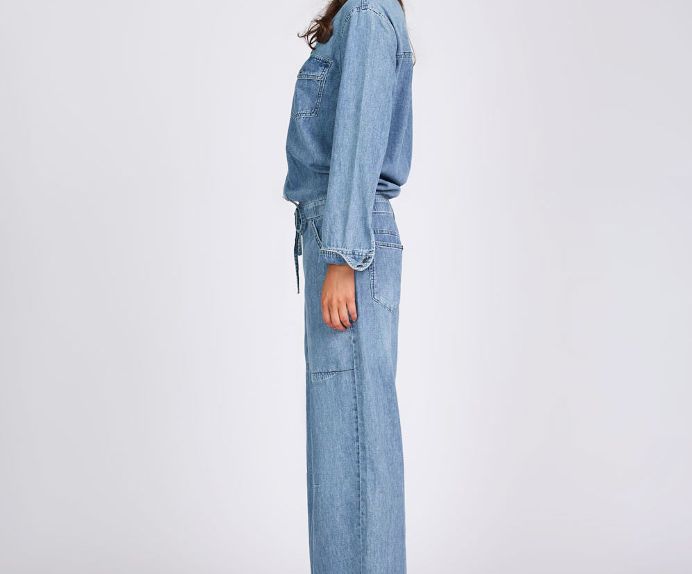 Izzy Drawstring Boiler Denim Jumpsuit - Salty Dog Blue