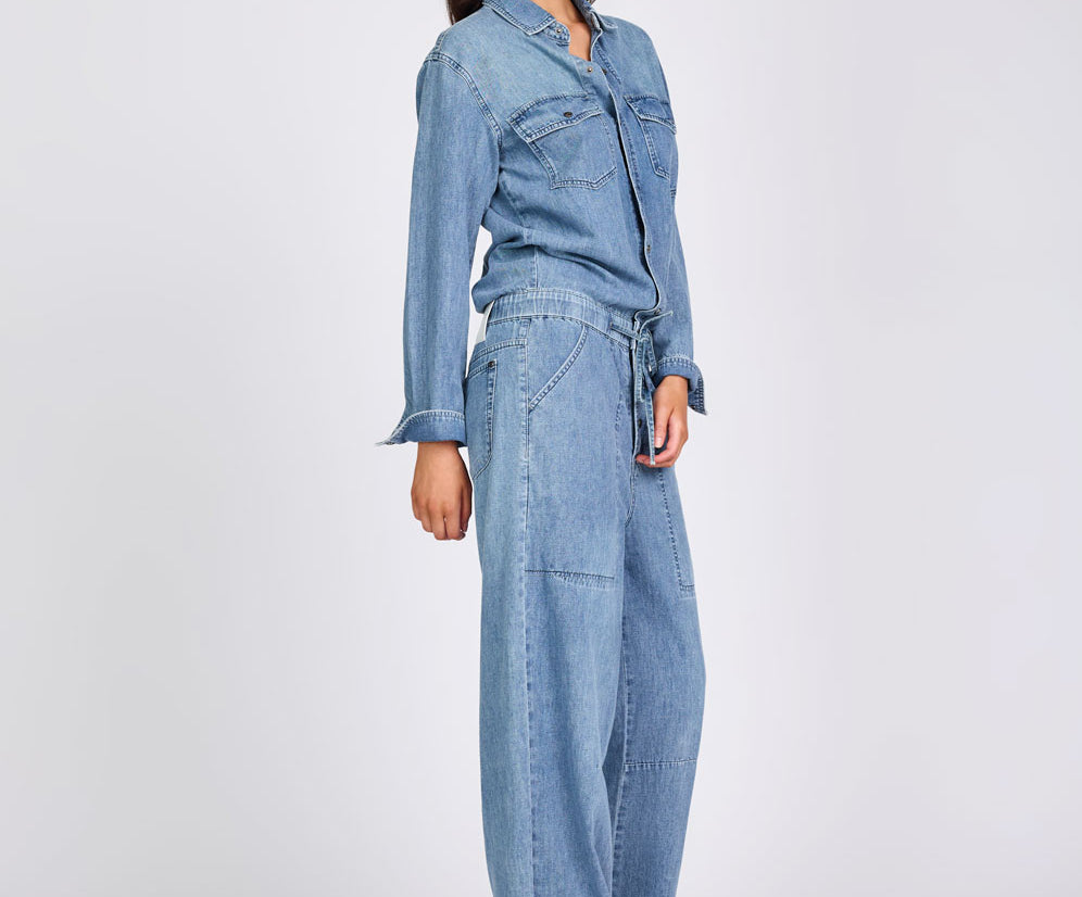 Izzy Drawstring Boiler Denim Jumpsuit - Salty Dog Blue