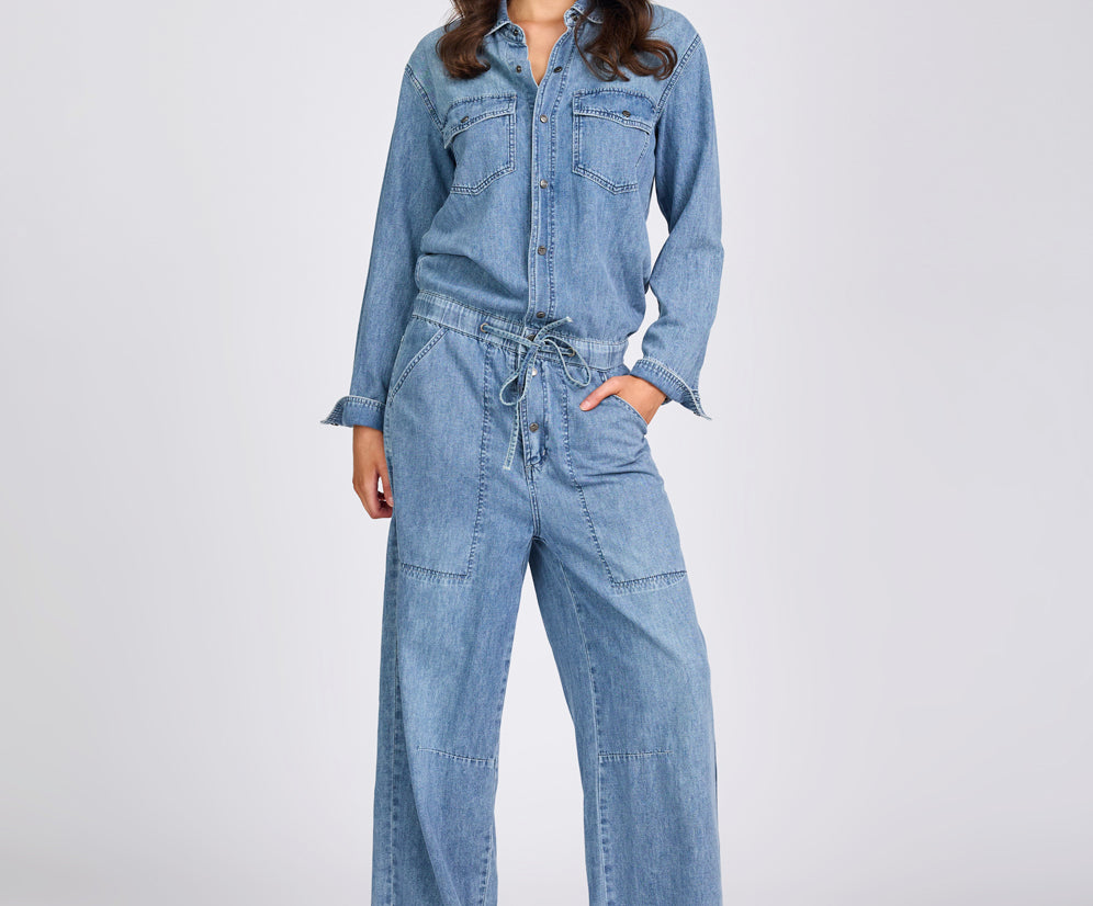 Izzy Drawstring Boiler Denim Jumpsuit - Salty Dog Blue