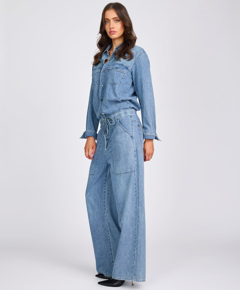 Izzy Drawstring Boiler Denim Jumpsuit - Salty Dog Blue | One