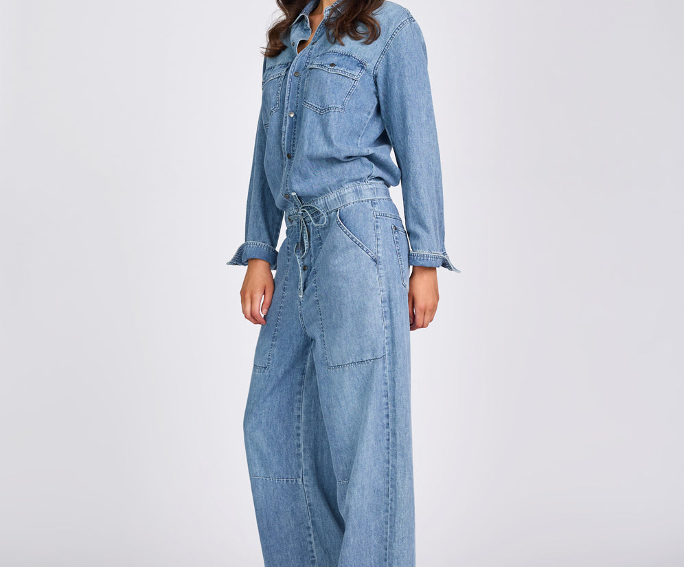 Izzy Drawstring Boiler Denim Jumpsuit - Salty Dog Blue