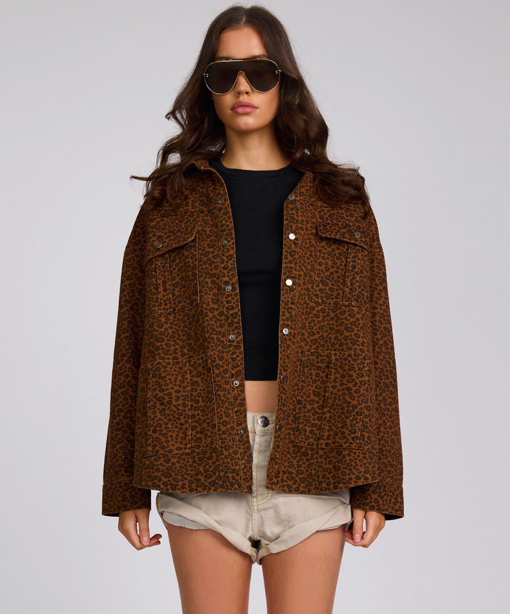 New Season Longline Denim Jacket - Cheetah Print