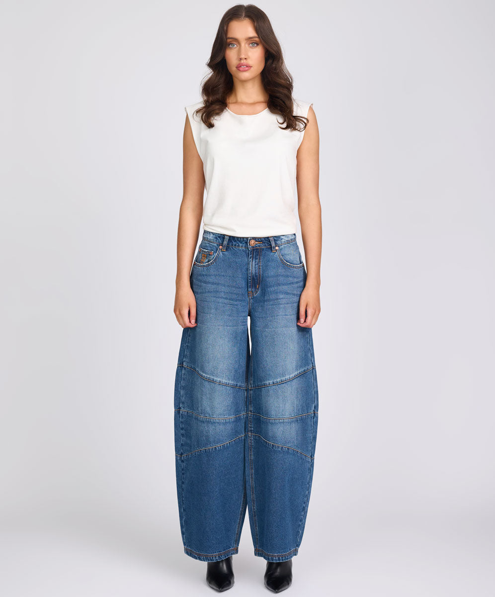 Barrel Mid Waist Wide Leg Denim Jeans - Deep Pacifica Blue | One