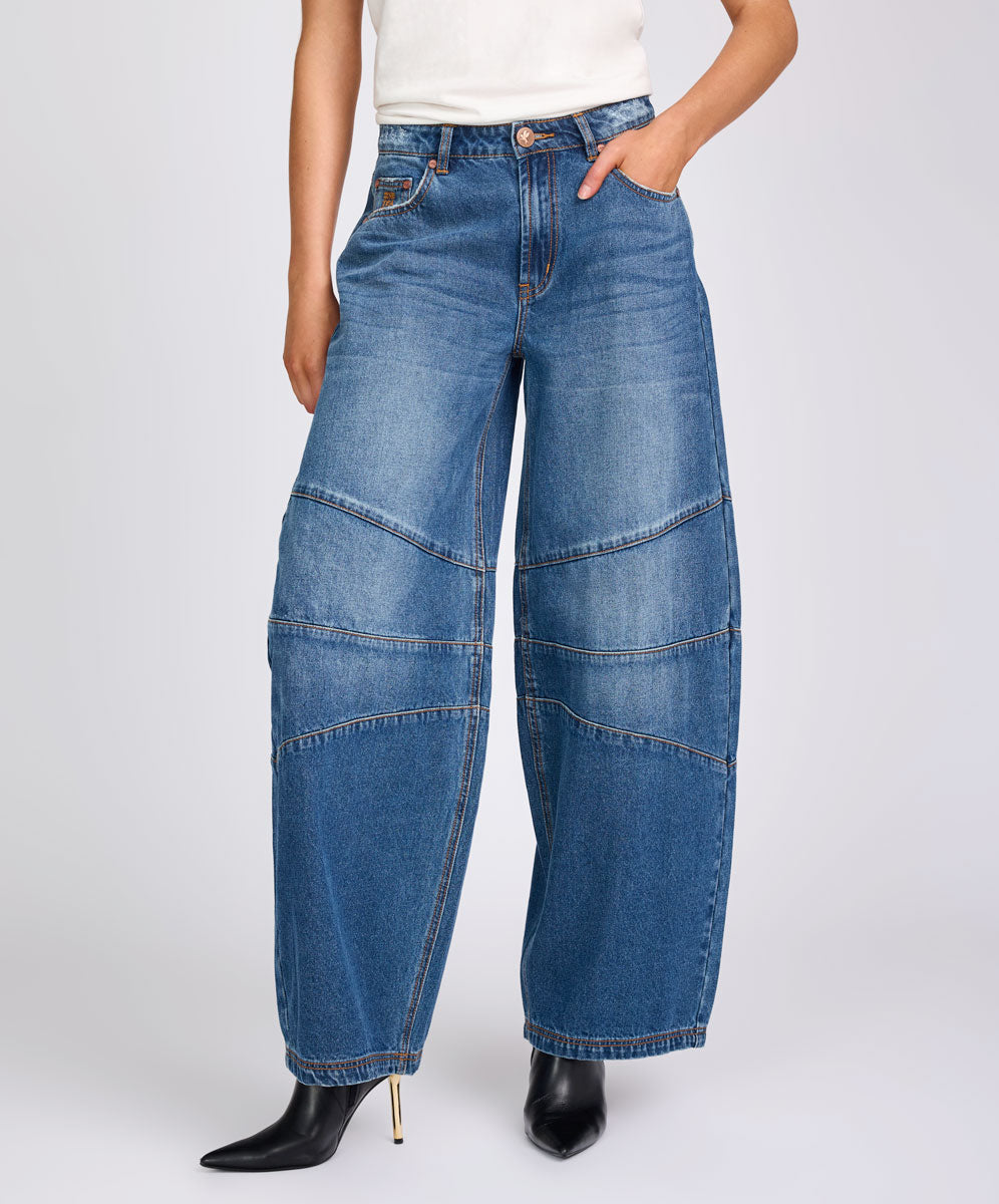 Barrel Mid Waist Wide Leg Denim Jeans - Deep Pacifica Blue | One