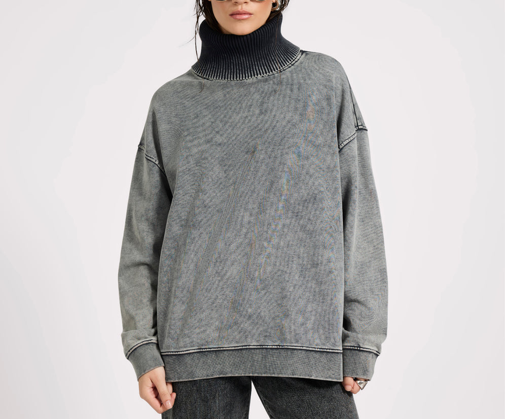 Fleece Roll Neck Sweater - Worn Black