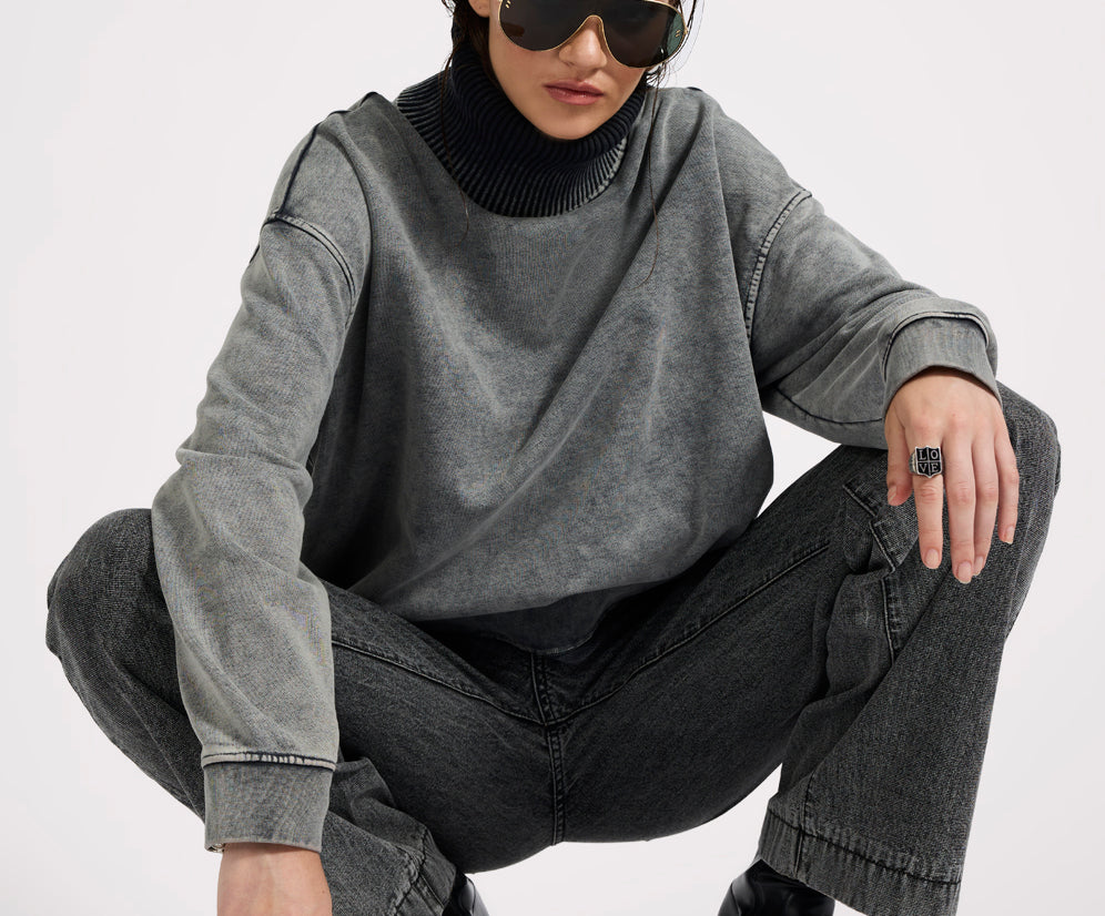 Fleece Roll Neck Sweater - Worn Black