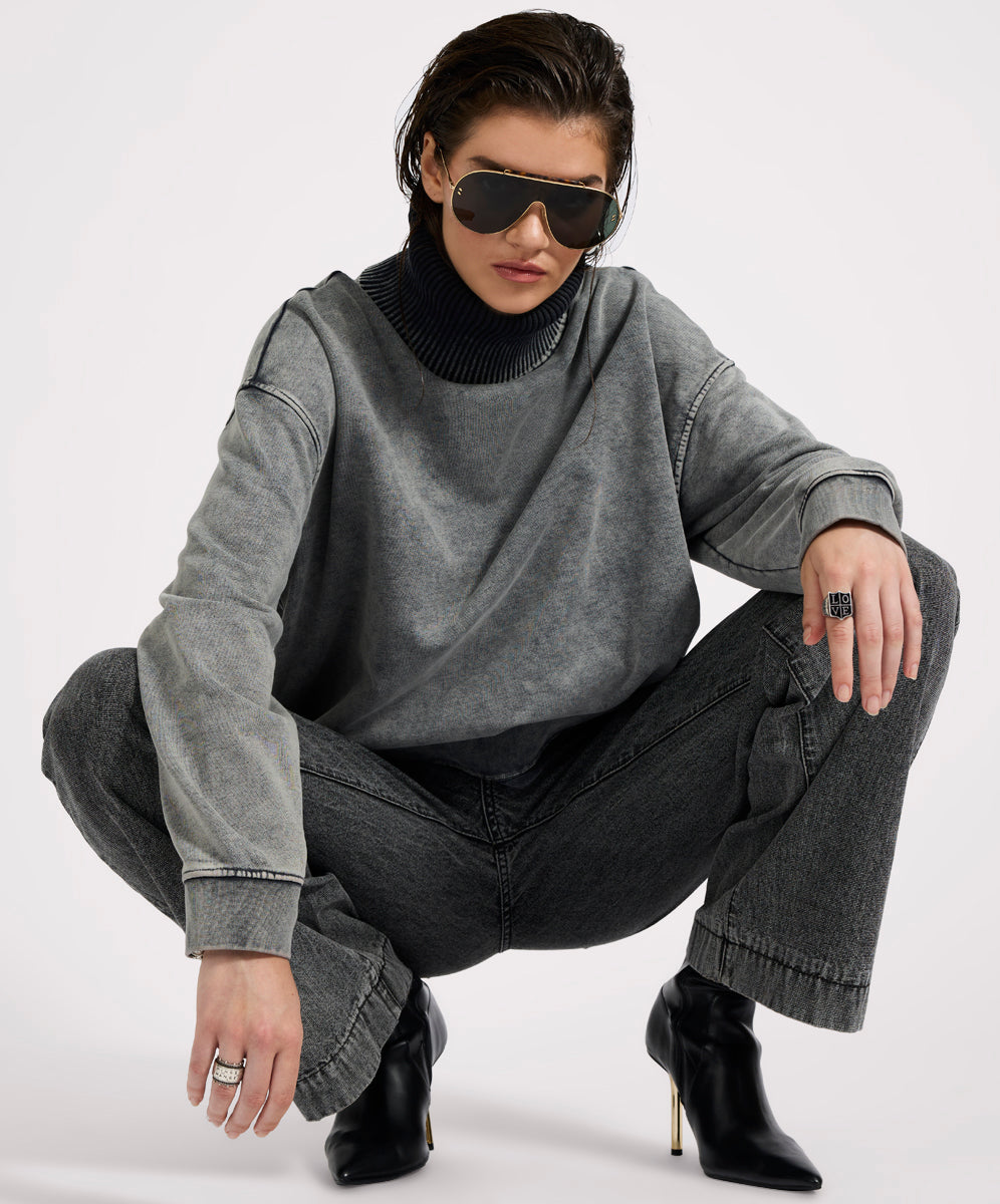  Fleece Roll Neck Sweater - Worn Black