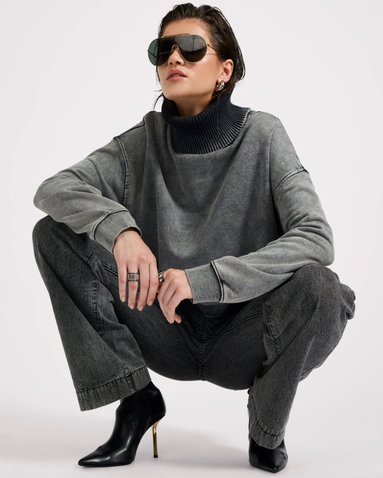 Fleece Roll Neck Sweater - Worn Black | One Teaspoon USA