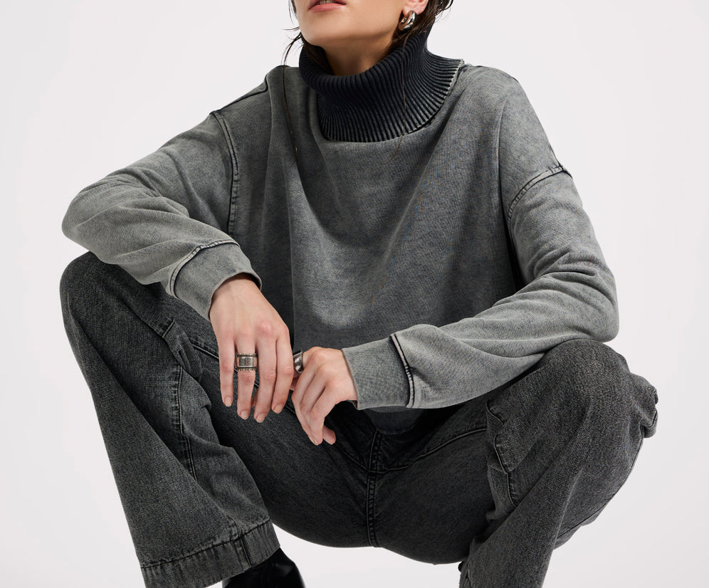 Fleece Roll Neck Sweater - Worn Black