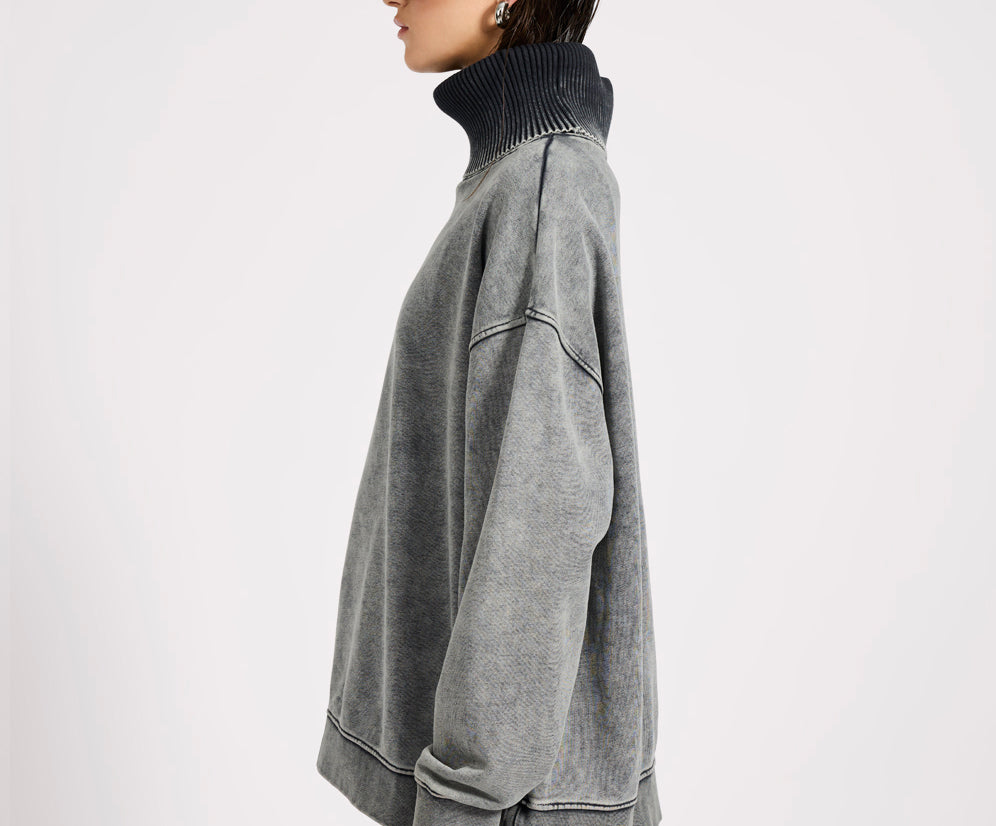 Fleece Roll Neck Sweater - Worn Black