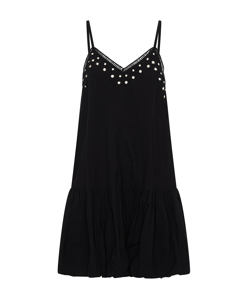 Eyelet Cotton Bubble Hem Mini Dress - Black