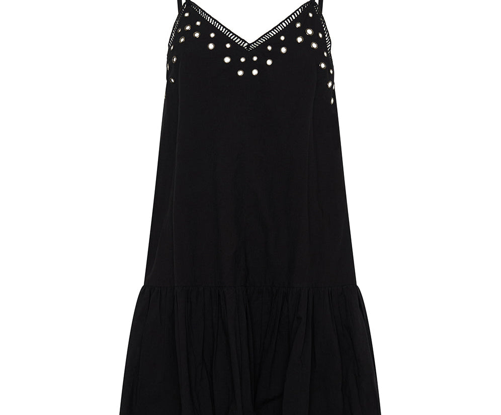 Eyelet Cotton Bubble Hem Mini Dress - Black