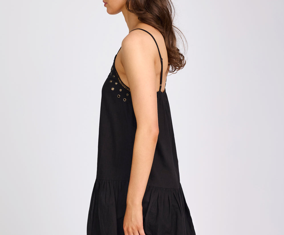 Eyelet Cotton Bubble Hem Mini Dress - Black