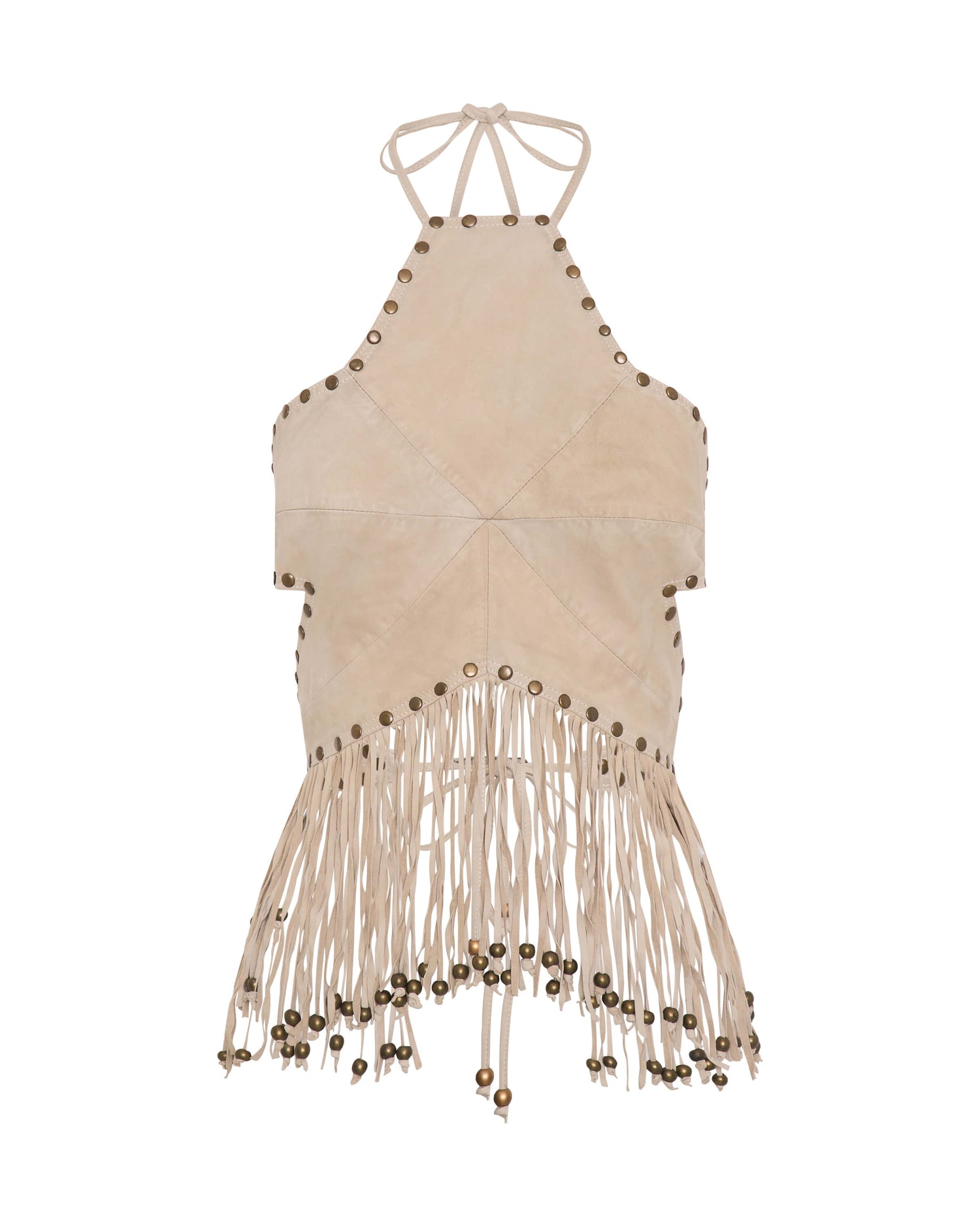 Studded Suede Leather Fringed Star Crop Top - Stone