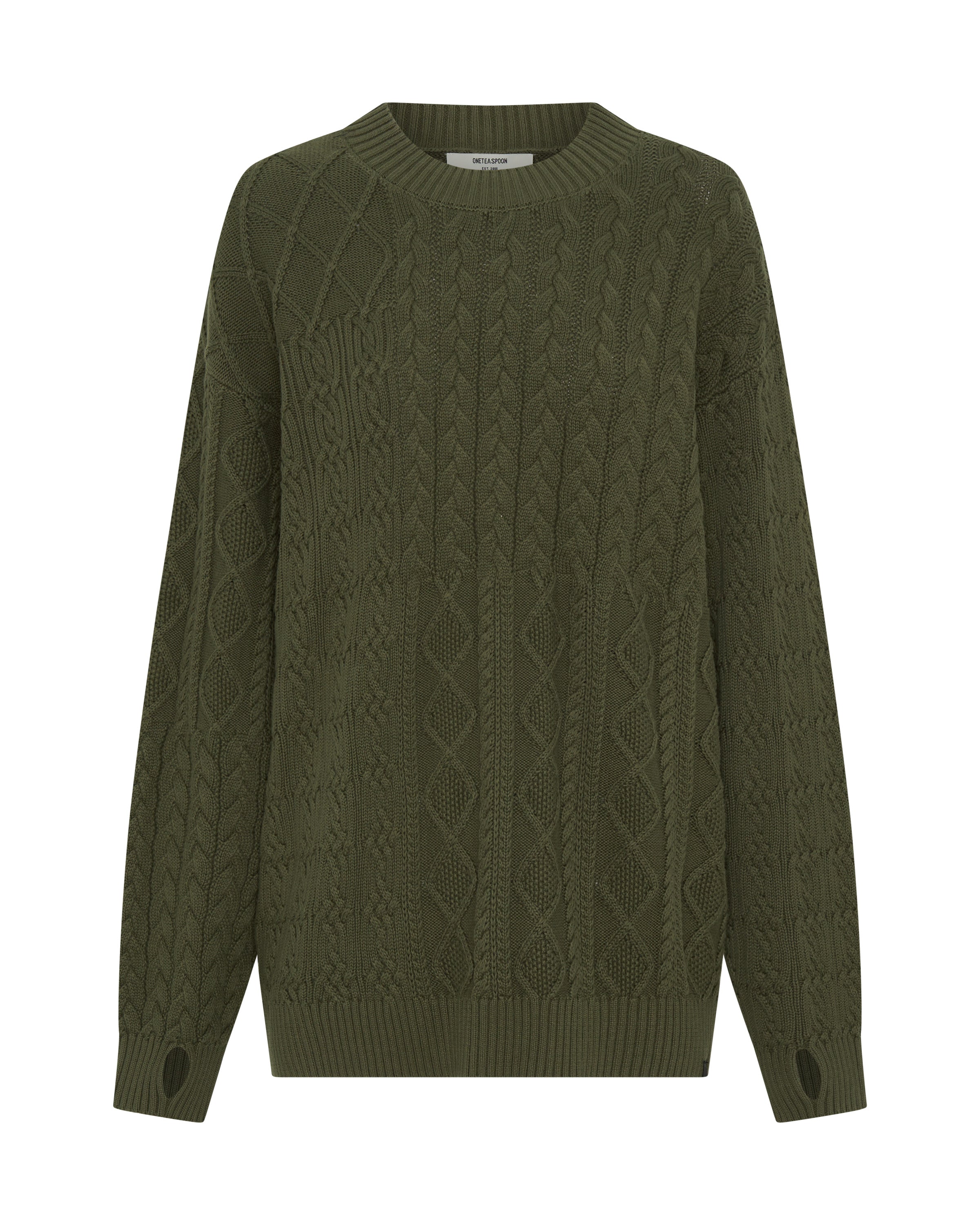 【SATIIIZ】Ote Recycle Cable Knit Mixed Cable Cotton Knit Sweater - Khaki | One Teaspoon USA