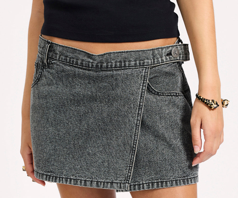 Alexia Low Waist Wrap Mini Denim Skirt - Rocco Grey Black