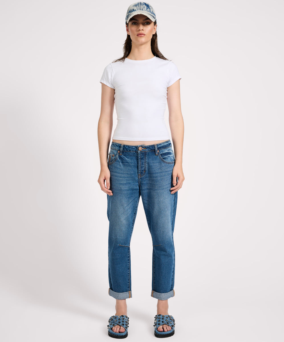 Women's Denim Jeans Saints Low Waist Boyfriend Denim Jeans - Pacifica Blue