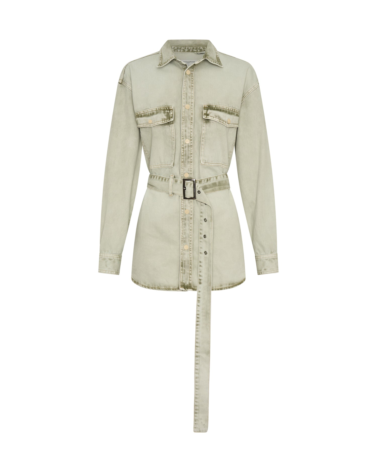 Women's Shirts Belted Longline Denim Shirt - Antique Khaki
