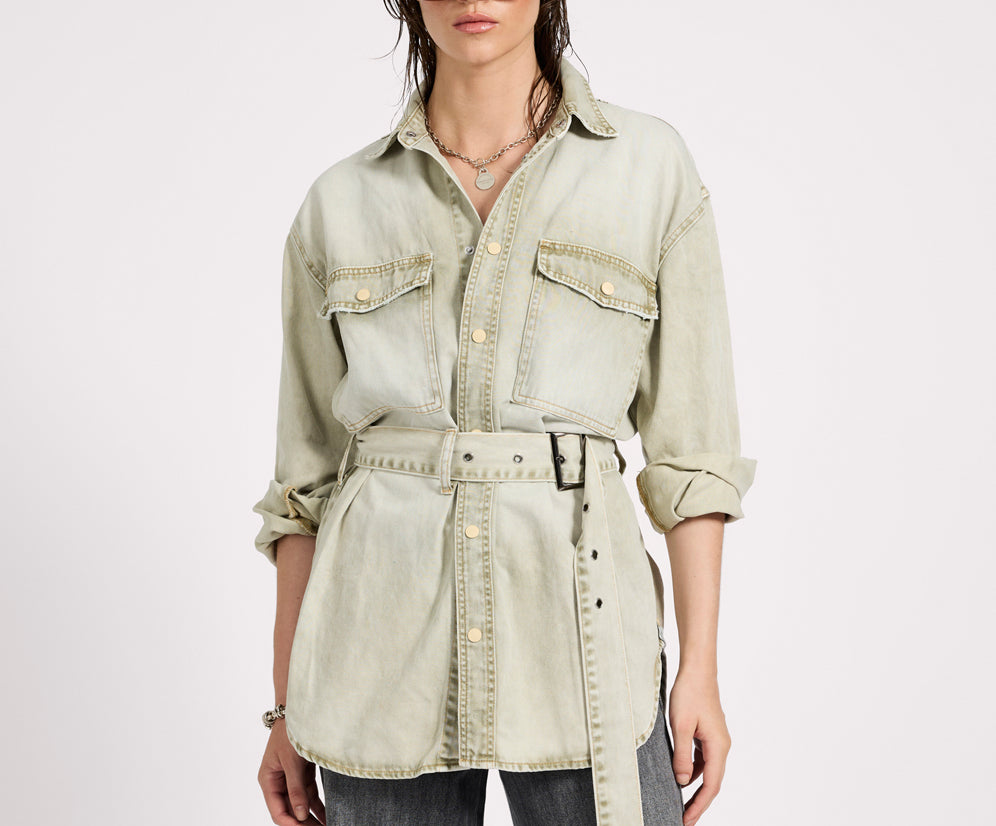 Belted Longline Denim Shirt - Antique Khaki