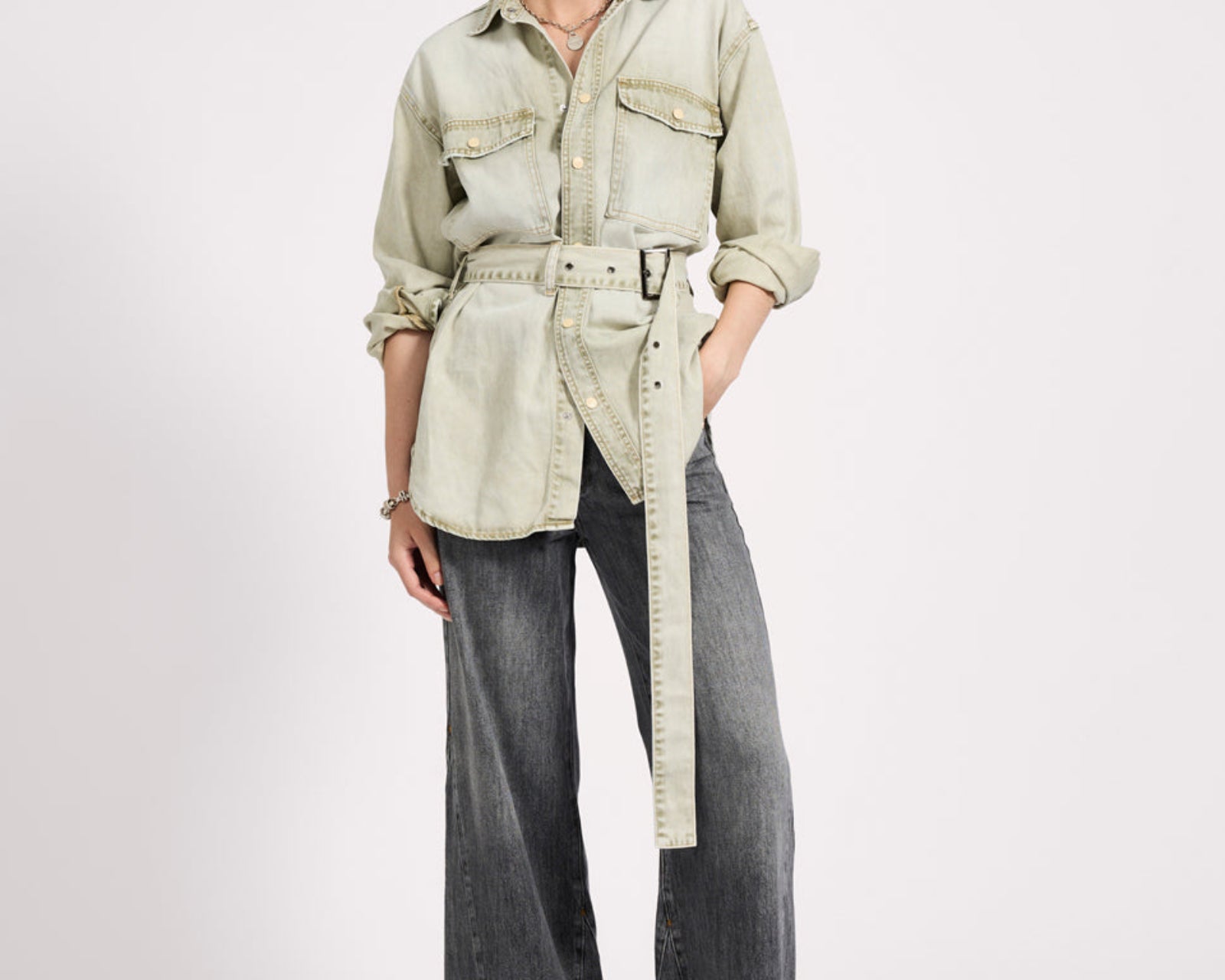 Belted Longline Denim Shirt - Antique Khaki