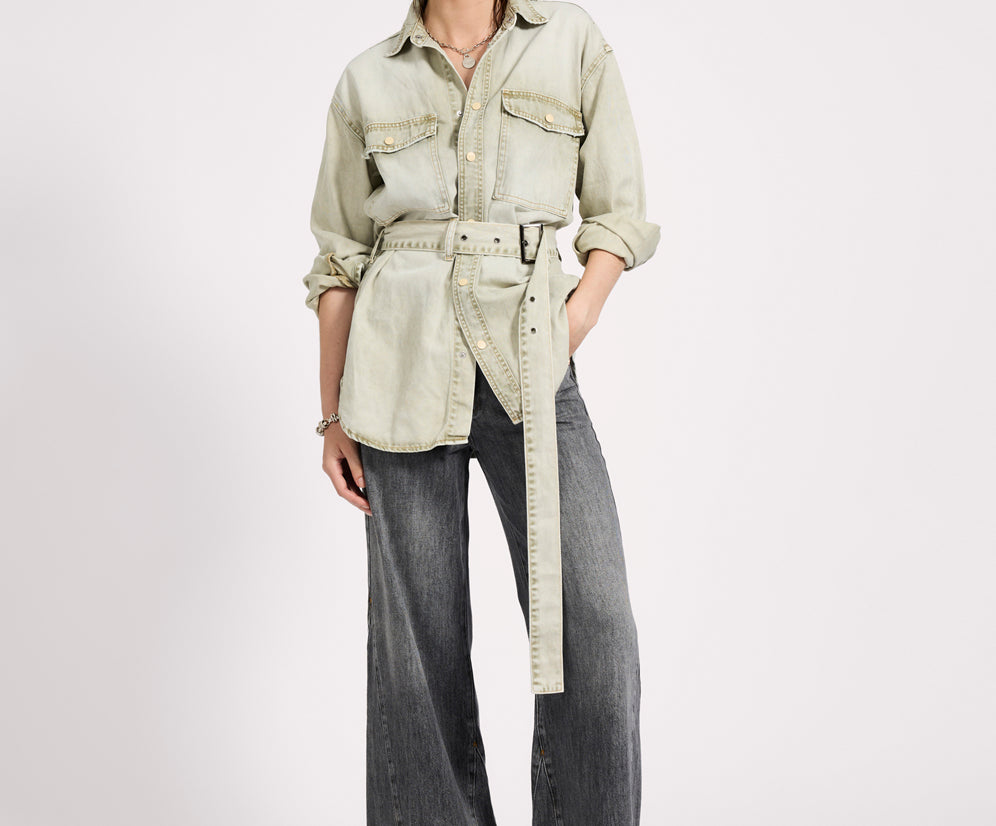 Belted Longline Denim Shirt - Antique Khaki
