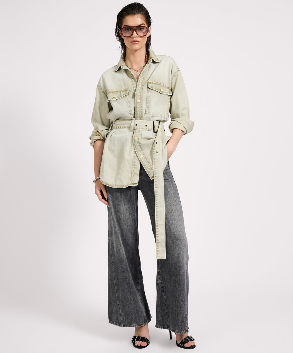 Women's Shirts Belted Longline Denim Shirt - Antique Khaki
