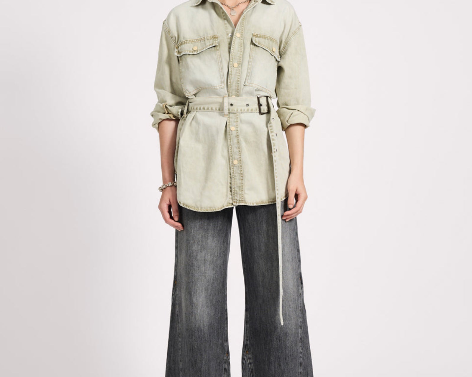 Belted Longline Denim Shirt - Antique Khaki