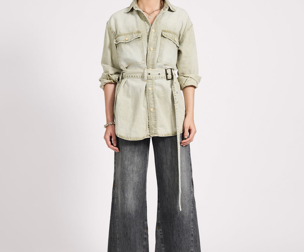 Belted Longline Denim Shirt - Antique Khaki