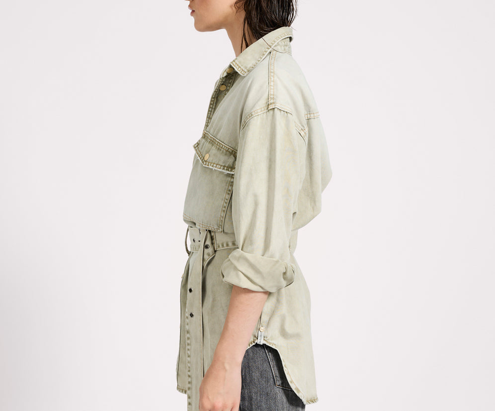 Belted Longline Denim Shirt - Antique Khaki