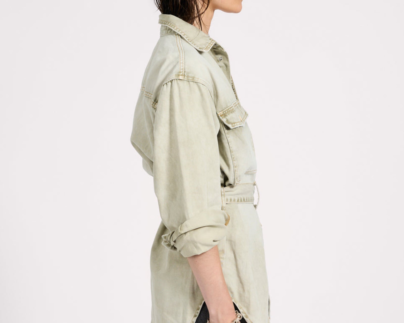 Belted Longline Denim Shirt - Antique Khaki