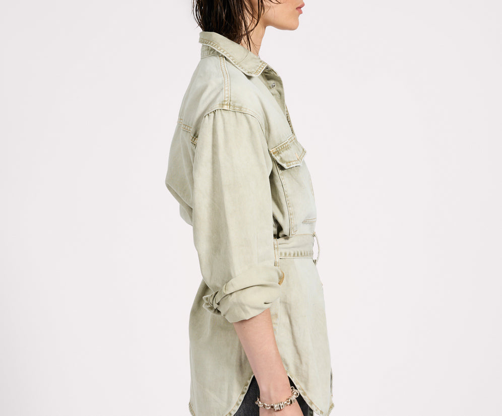 Belted Longline Denim Shirt - Antique Khaki