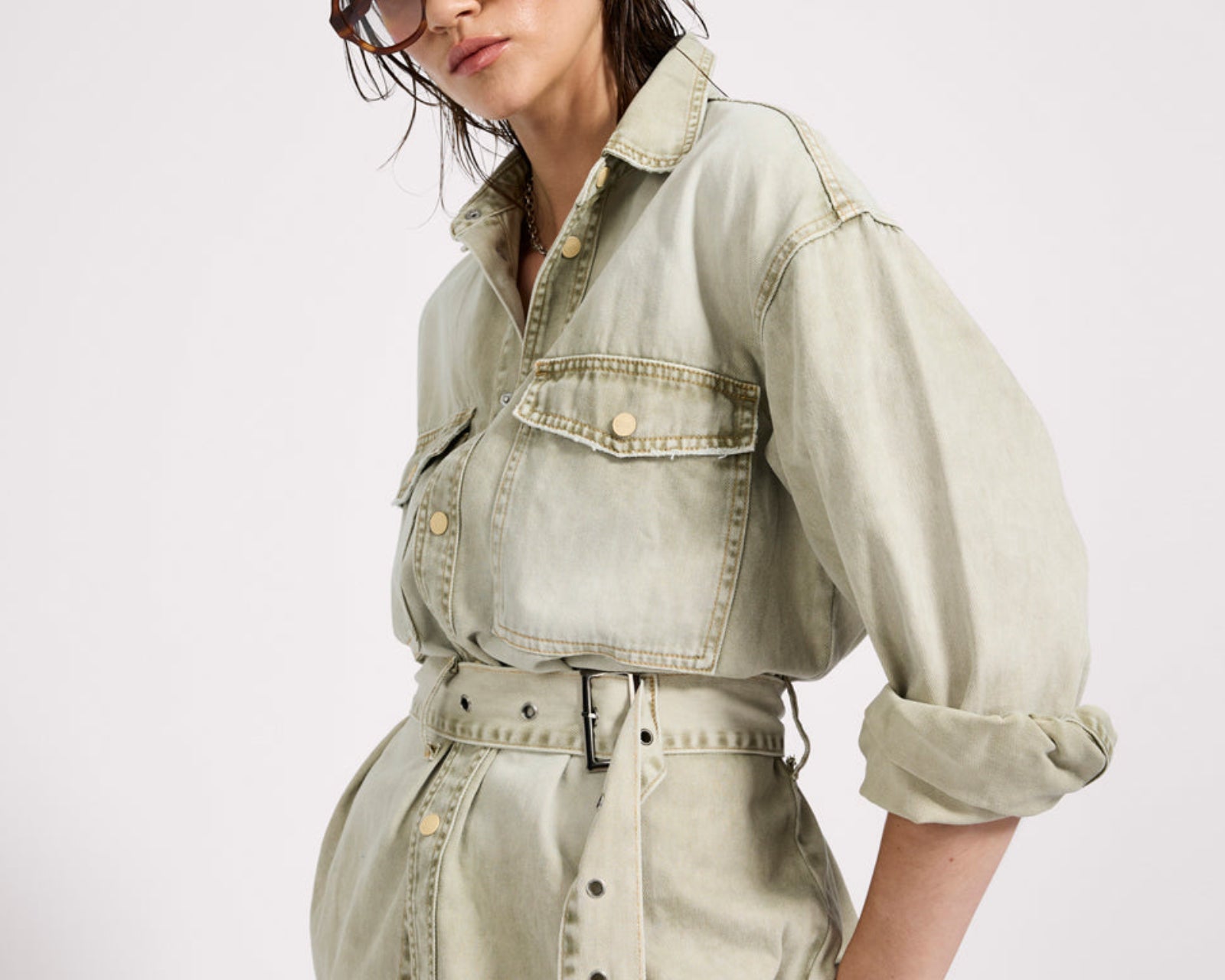 Belted Longline Denim Shirt - Antique Khaki