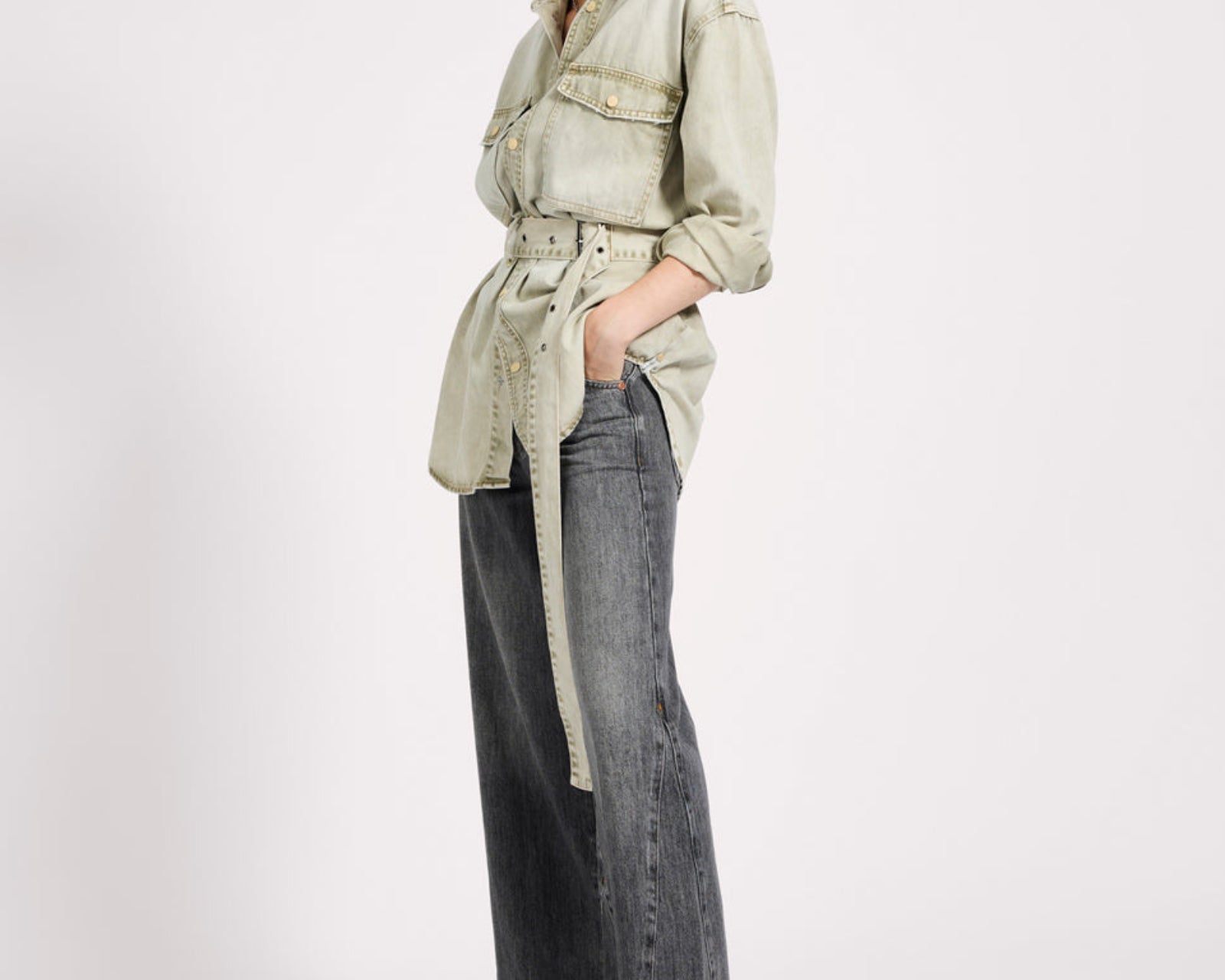 Belted Longline Denim Shirt - Antique Khaki
