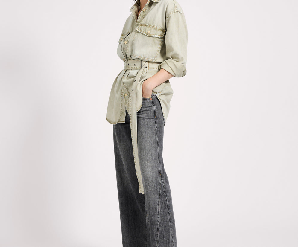 Belted Longline Denim Shirt - Antique Khaki