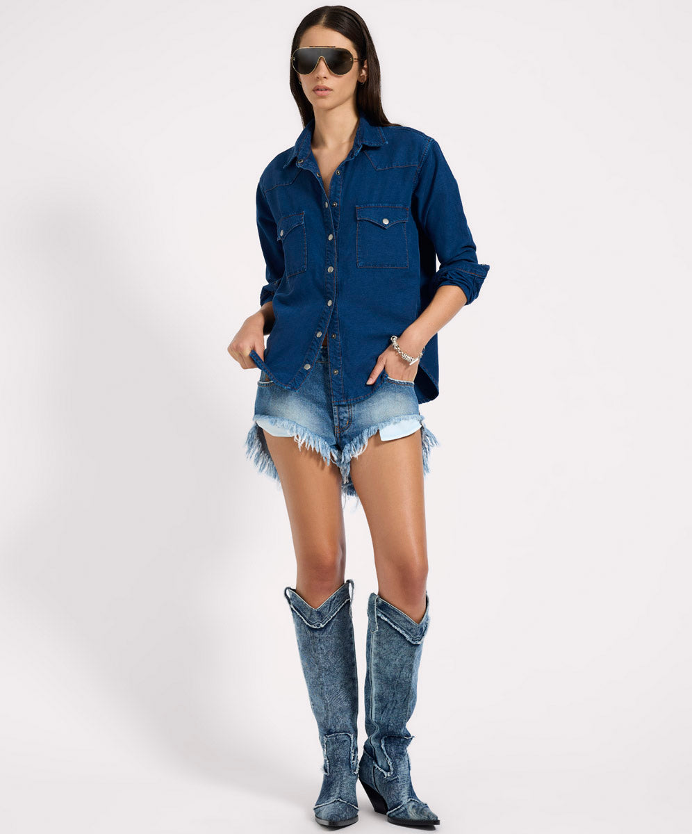 Women's Shirts Western Denim Shirt - Deep Blue